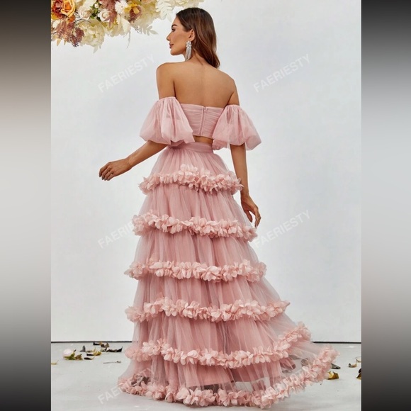 Pink Ruffled Tiered Off-Shoulder 2 piece - Picture 2 of 3